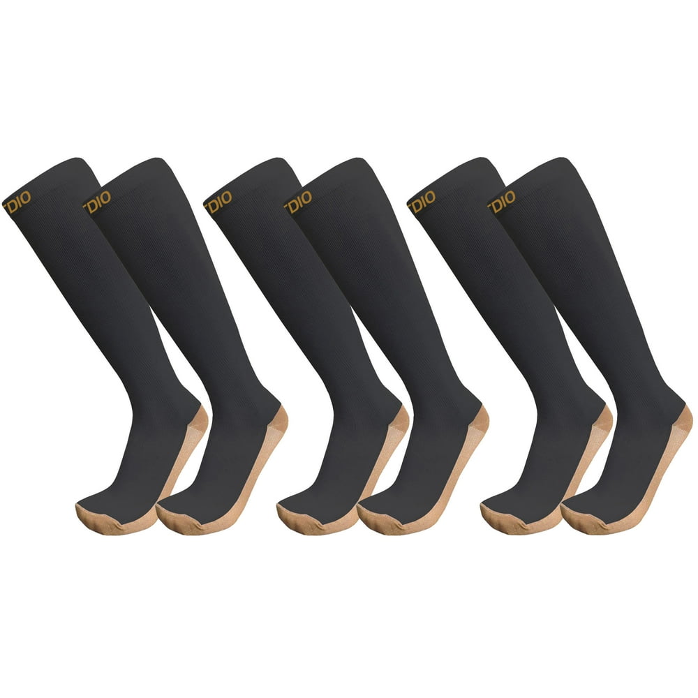 Graduated 15-20mmHG Knee High 3-Pair Copper Infused Black & Gold ...