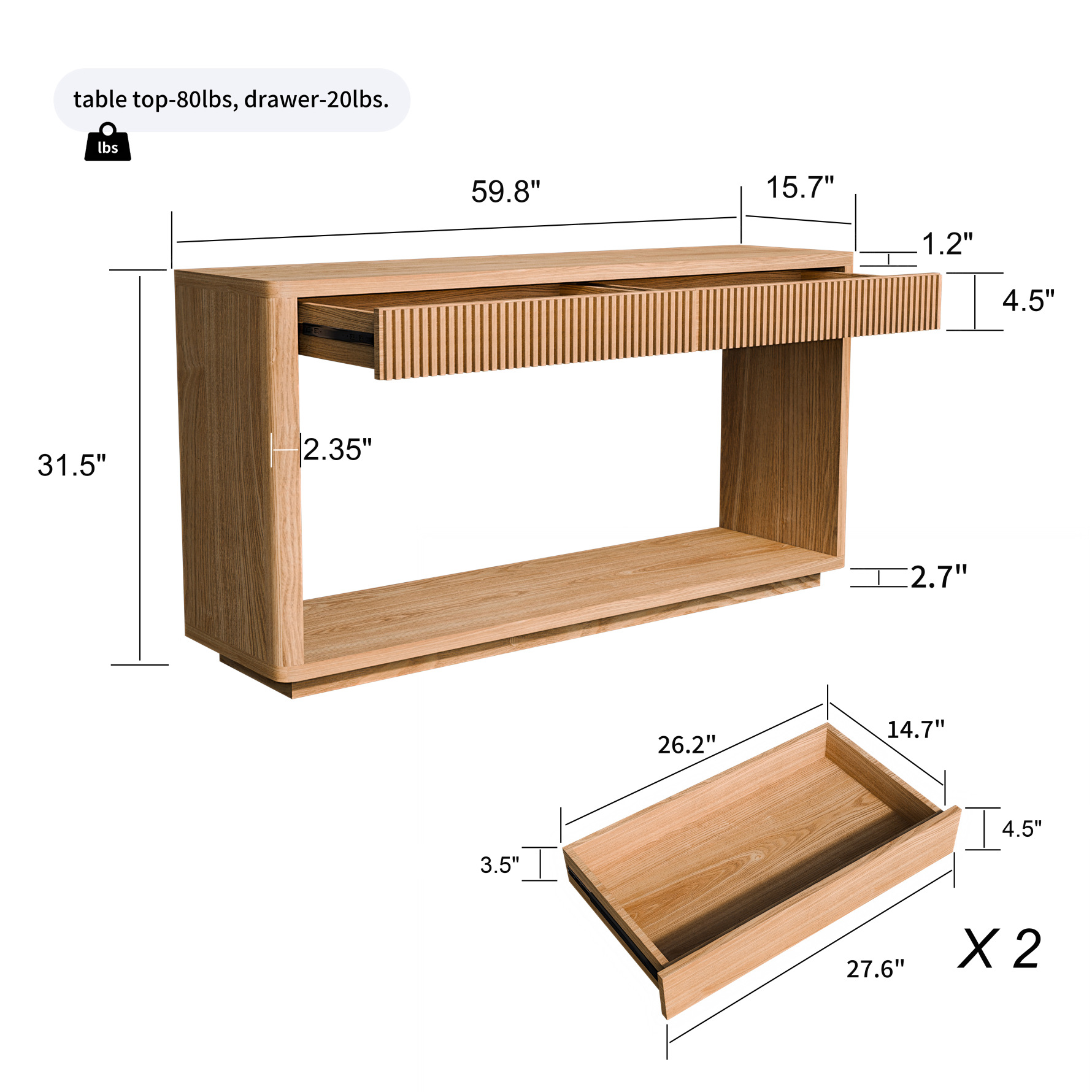 60" Fluted Console Table with 2 Drawers, Modern Sofa Table Behind Couch with Open Storage Shelf, 2 Tier Entryway Table for Living Room, Hallway, Natural