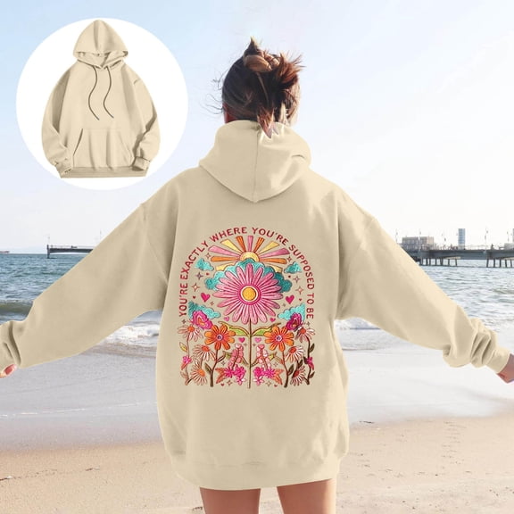 Women Girls Graphic Oversized Hoodies Print Sweatshirts Ocean Themed Graphic Pullover Preppy Hoodies (A1-Beige L)