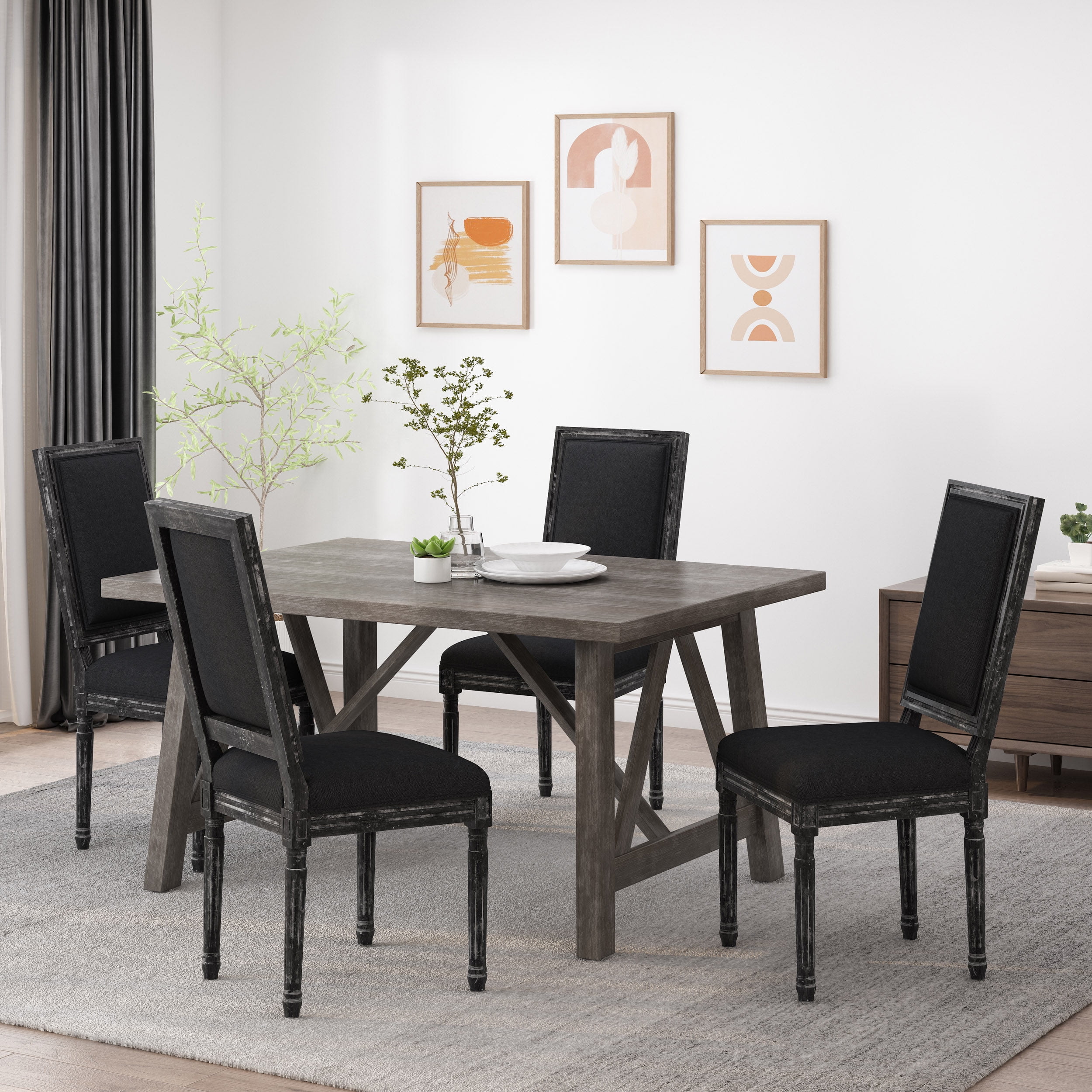 Noble House Robin French Wood Upholstered Dining Chair, Set of 4, Black