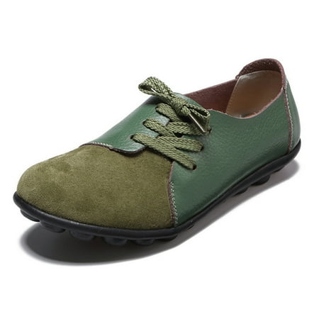 

Large Size Women Casual Loafers Soft Lightweight Splicing Leather Lace Up Flats Loafers Shoes New