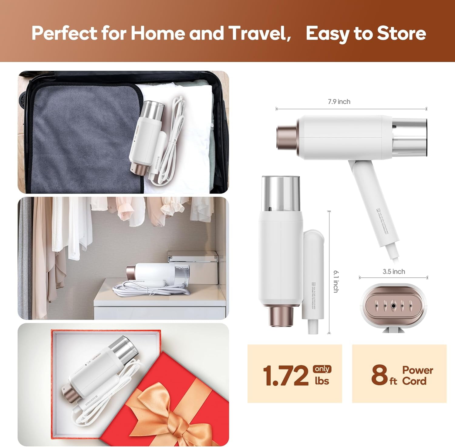 Dual Voltage Travel Steamer for Clothes, 100-240V Worldwide Handheld Garment Steamer, Fast 20-Second Heat Up, 180ml Detachable Tank, Portable Steamer for Business Travel, Vacation & Home