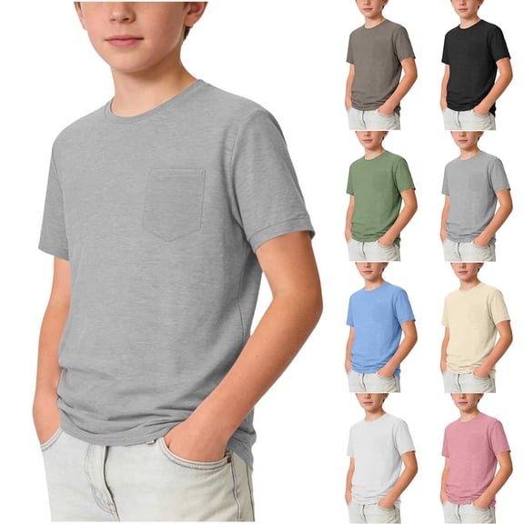 Vornjynx Boys Short Sleeve T-Shirt Crew Neck with Pocket Short Sleeve Casual Summer Comfort Tee Gray Size 8