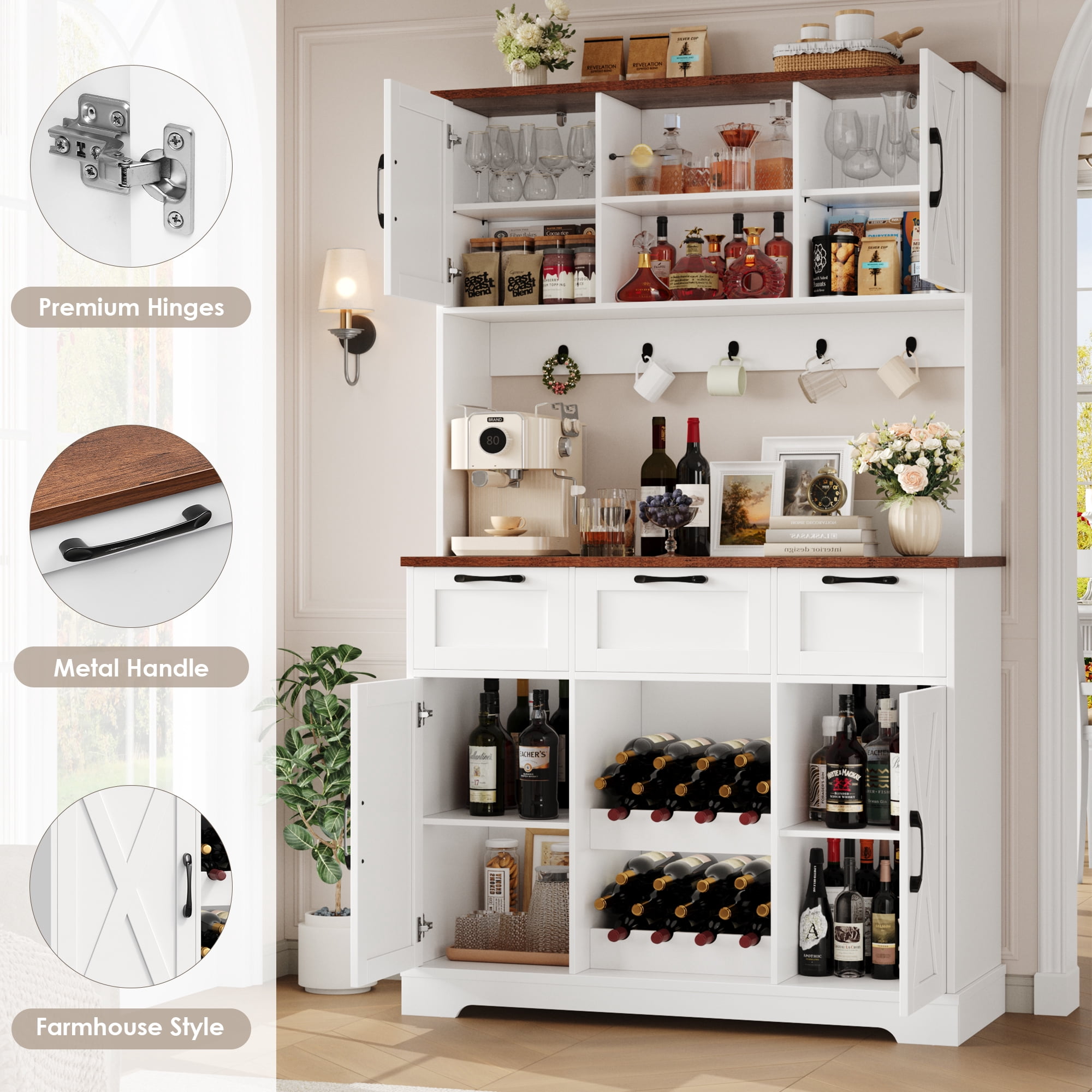 Homfa 71'' Tall Wine Bar Cabinet with Storage Hutch & 3 Drawers, Farmhouse Coffee Bar Cabinet Wine Rack with Adjustable Shelves for Kitchen Dining Room, White