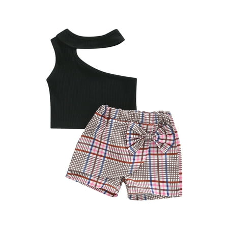 

aturustex 2Pcs Toddler Girls Outfit Sweet Style Sloping Shoulder Sleeveless Tops + Plaid Bow Decoration Shorts