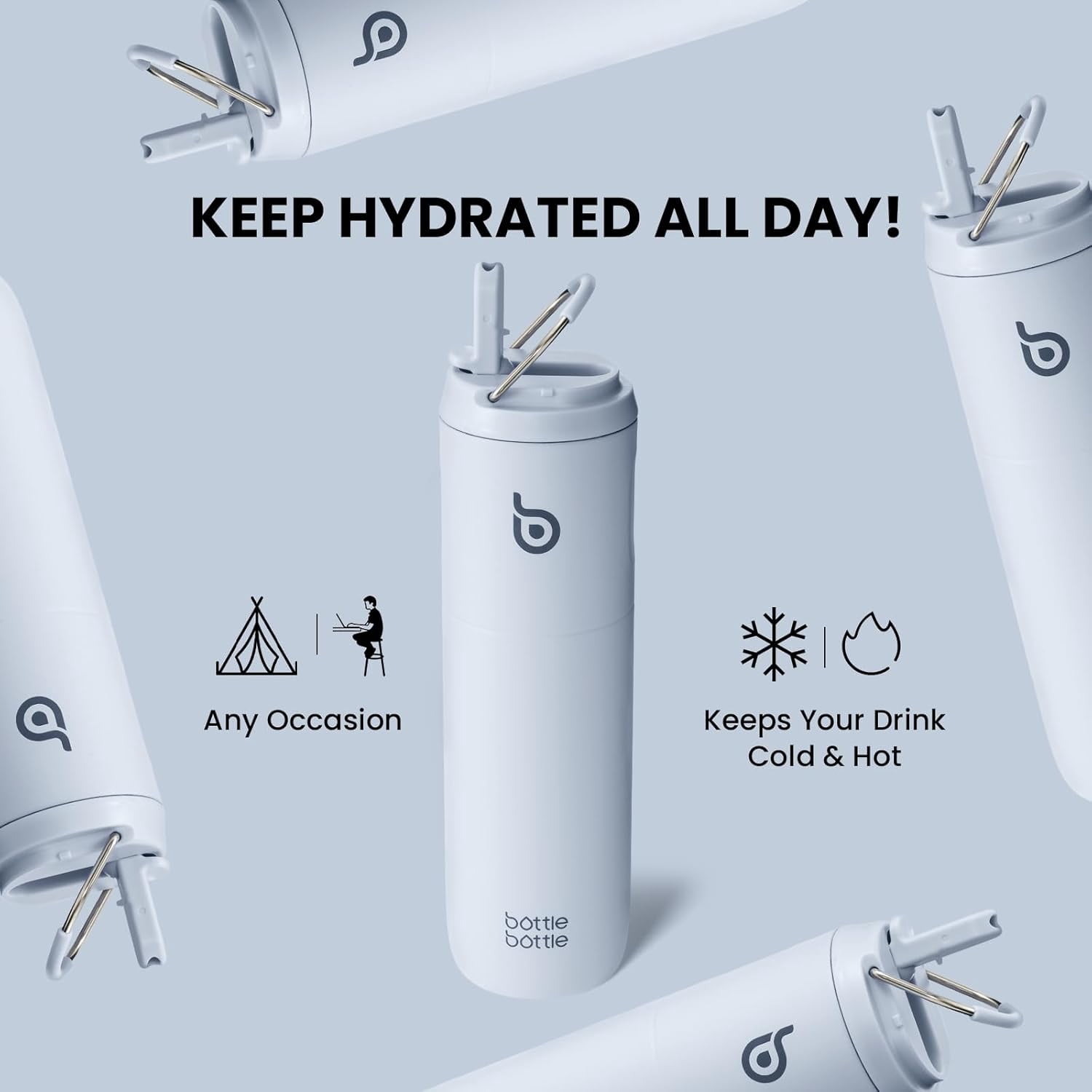 BOTTLE BOTTLE Insulated Water Bottle 24oz with Straw Lid and Handle for Sports Travel Gym Stainless Steel Water Bottles Double-Wall Vacuum Metal Leak Proof BPA-Free Light Blue