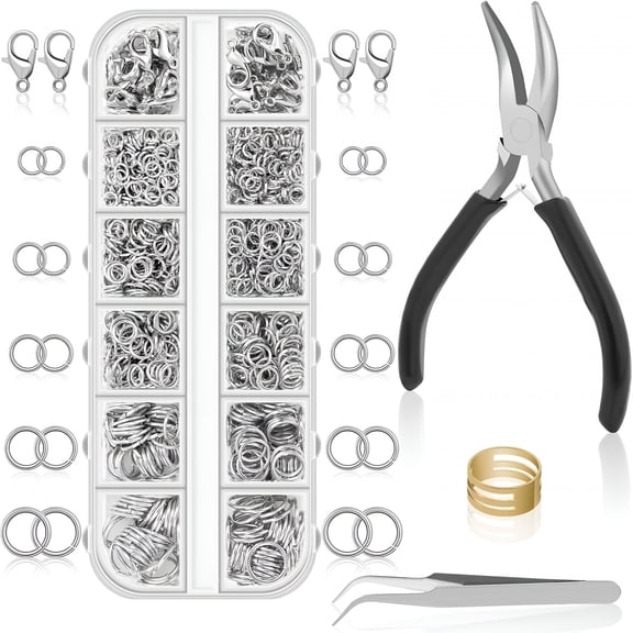 DESIGNICE 1200PCS Jump Rings for Jewelry Making Kit,Jump Rings and Necklace Clasps with Jump Ring Pliers Tools for Jewelry Making Supplies and Necklace Repair (Silver)