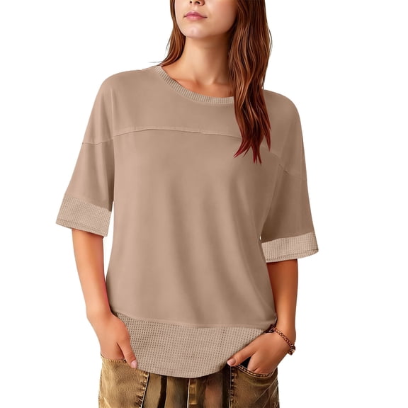 Bixock Women's Casual Short Sleeve Blouse,Summer Crew Neck Tops,Oversized Short Sleeve 2 Tone Basical Soft Comfortable Loose T-shirts