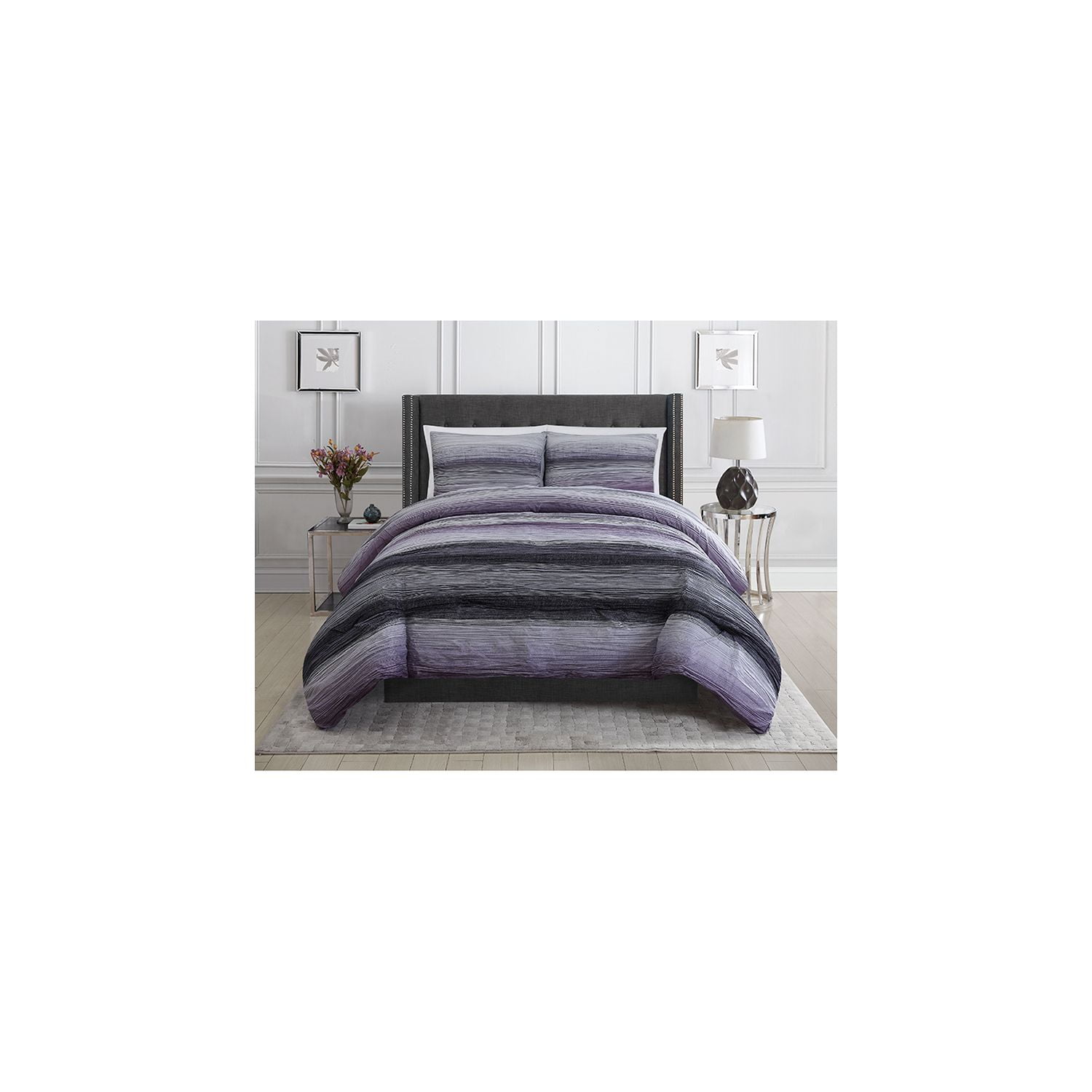 Siriano Reversible Crinkle Comforter Set Queen Purple Striped