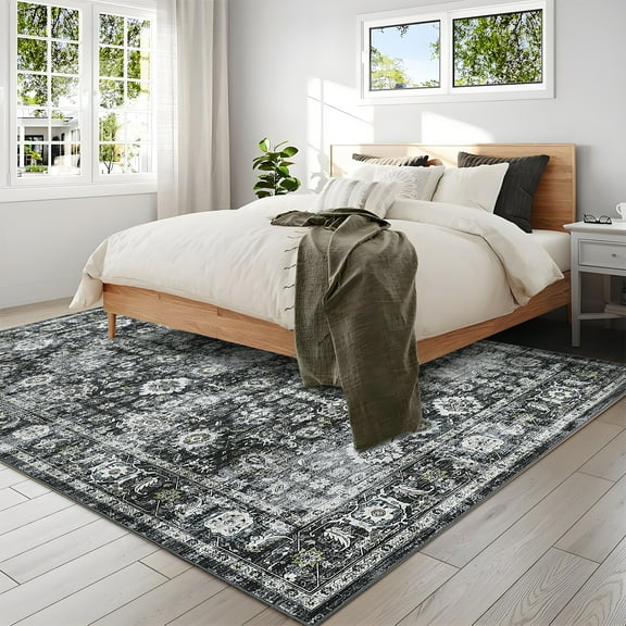 Hasoo Black Washable Area Rugs 5' x 7' Rug for Living Room Floral Modern Non Slip Throw Indoor Carpet