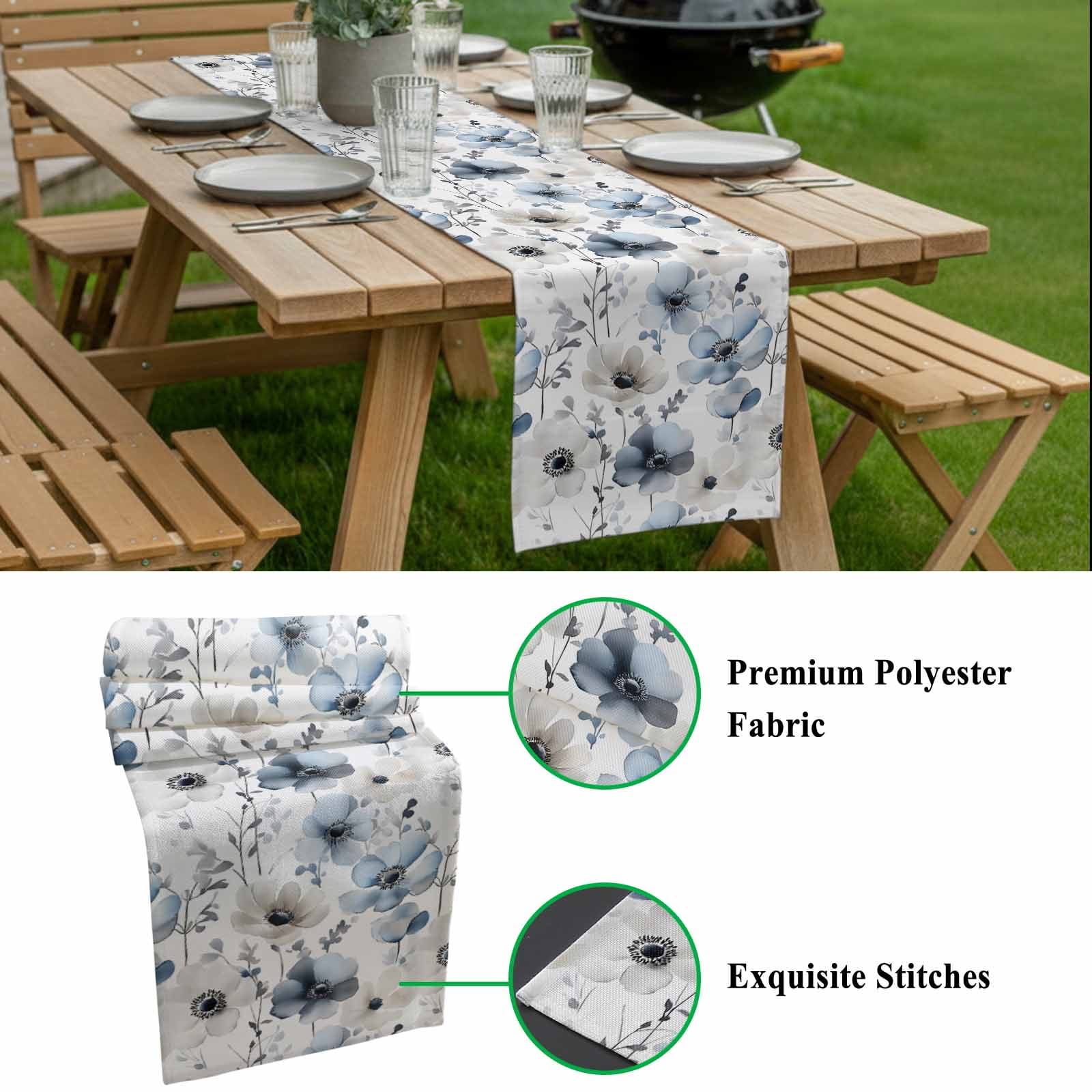 Spring Floral Cotton Linen Table Runner Watercolor Grey Blue Flower Grey Leaves Dining Table Runners for Home Decor Party Dining Room Restaurant Kitchen 13" x 108"