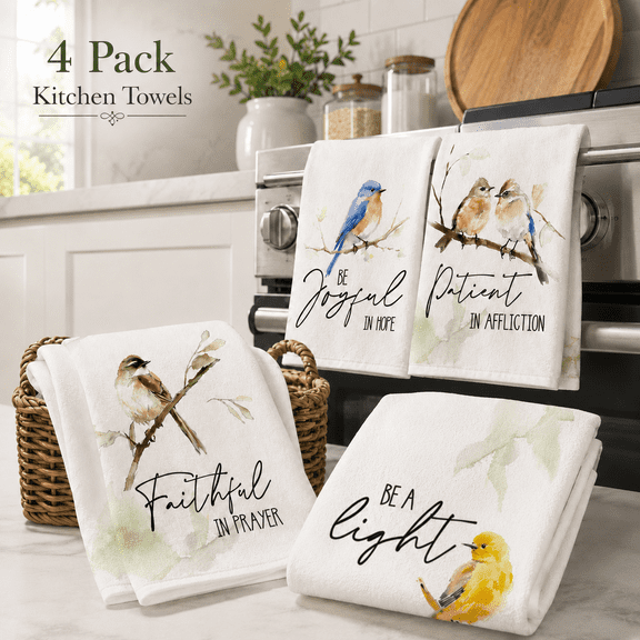 MORAVE Set of 4 Floral Leaves Branch Bird Kitchen Dish Towels, 18x26 Inch Summer Decorative Hand Towels