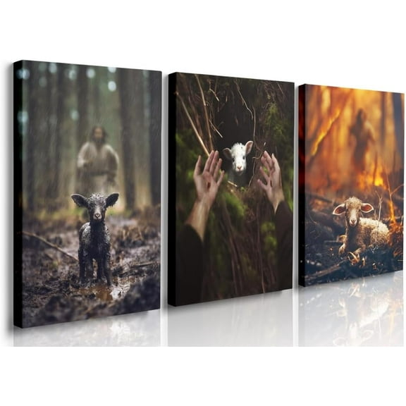 FCCUYE Jesus and Lamb Canvas Wall Art Set of 3 Jesus Running After Lost Lamb Picture Wall Art Jesus Canvas Print Christian Wall Decor Art Christian Home Decor Jesus Pictures Christian Gift 12"X16"