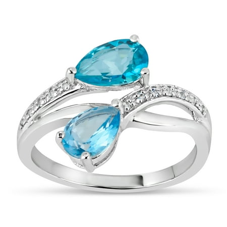 Paraiba Blue Topaz Ice Blue Topaz and White Topaz Swarovski Genuine Gemstone Sterling Silver Rhodium Plated Bypass Ring