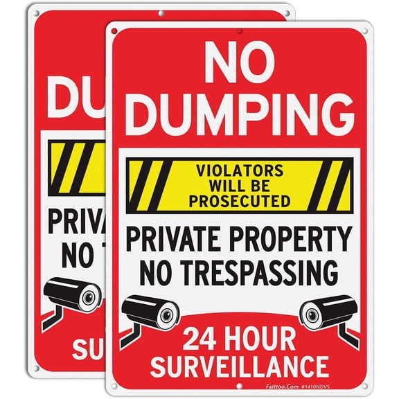 Faittoo No Dumping Sign, "Private Property No Trespassing, 24 Hour Surveillance, Violators Will Be Prosecuted" Sign, 2-Pack 14 x 10 Reflective Aluminum Sign, Weather/Fade Resistant, Easy to Install
