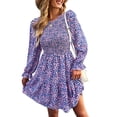 thumbnail image 1 of Vestido de mujer Cuello redondo Manga larga Cintura media Patrón estampado transparente Falda de línea Azul M, 1 of 6
