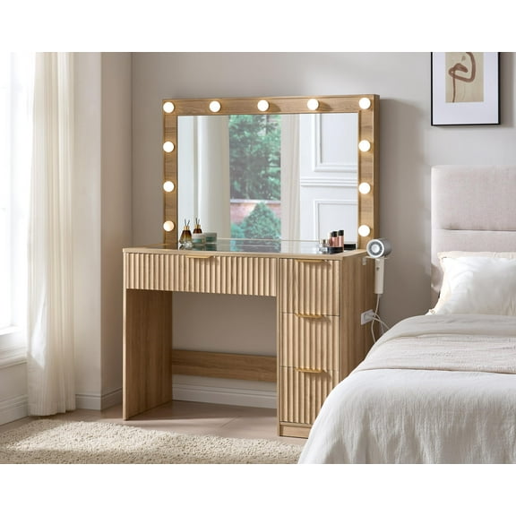 Merluxy 36.2" Girls Vanity Desk with Large Mirror and LED Lights, 4 Drawers Makeup Table with Glass Top and Charging Station for Women and Girls, Oak