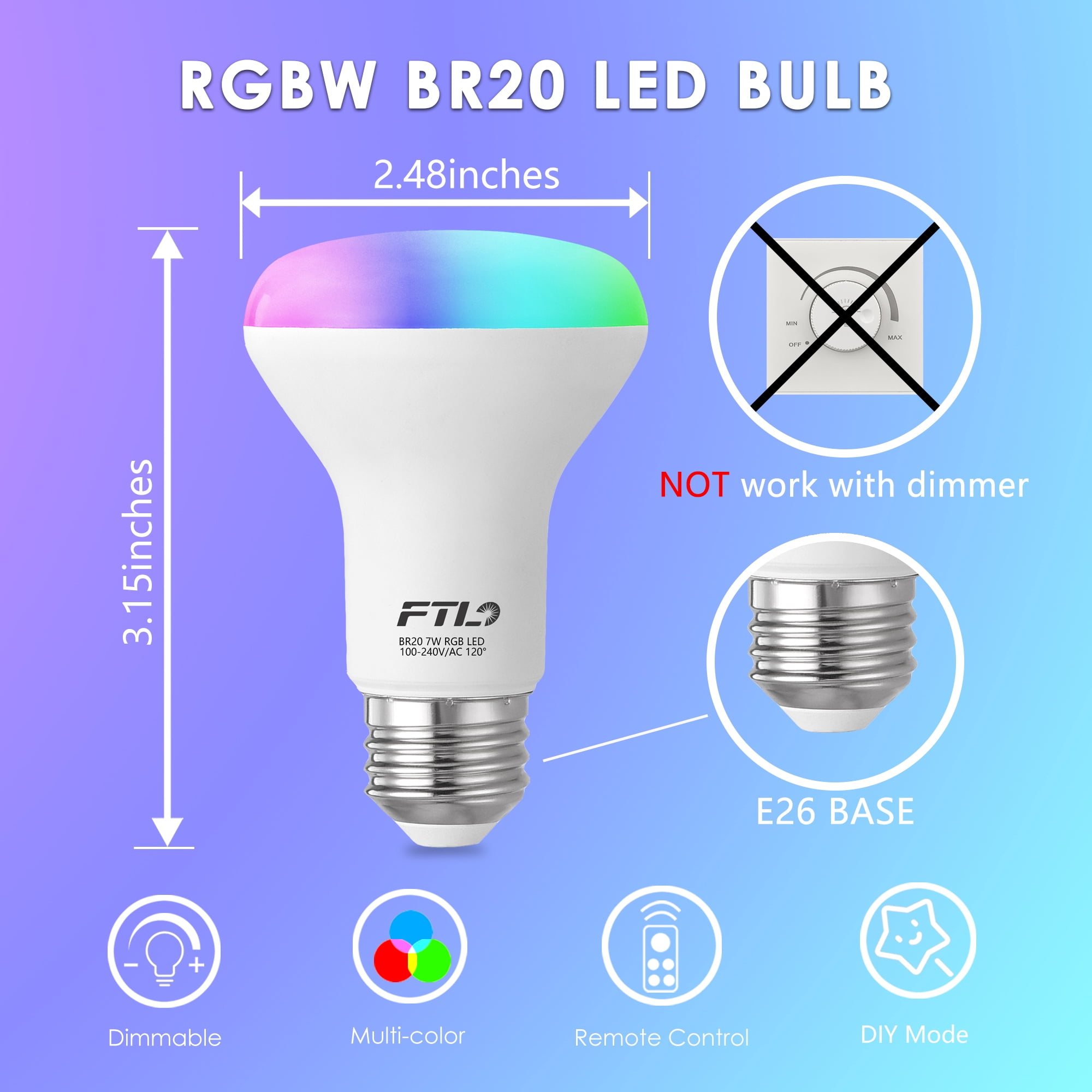FTL BR20 LED Light Bulbs Color Changing, R20 Dimmable Flood Light Bulbs for Recessed Lighting, 30 Colors,2700K-6000K, Timer, 6-Pack