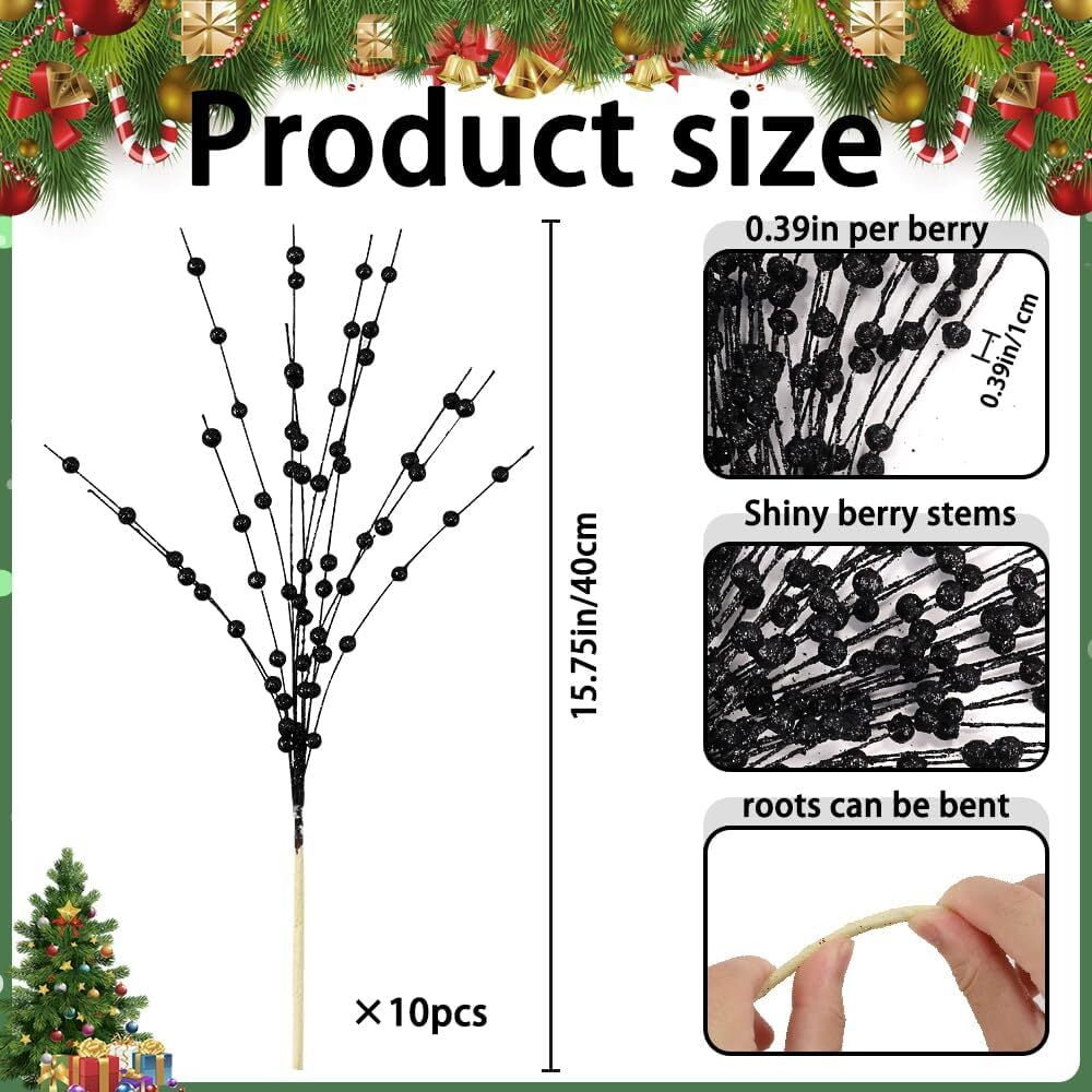 10 Pack Christmas Tree Berry Stem (Black), Decorative Bead Sticks, Glittery Twigs, Picks, Branches for Christmas Tree, Small Vase, Holiday, Wedding, Party (17 Inches, Black)