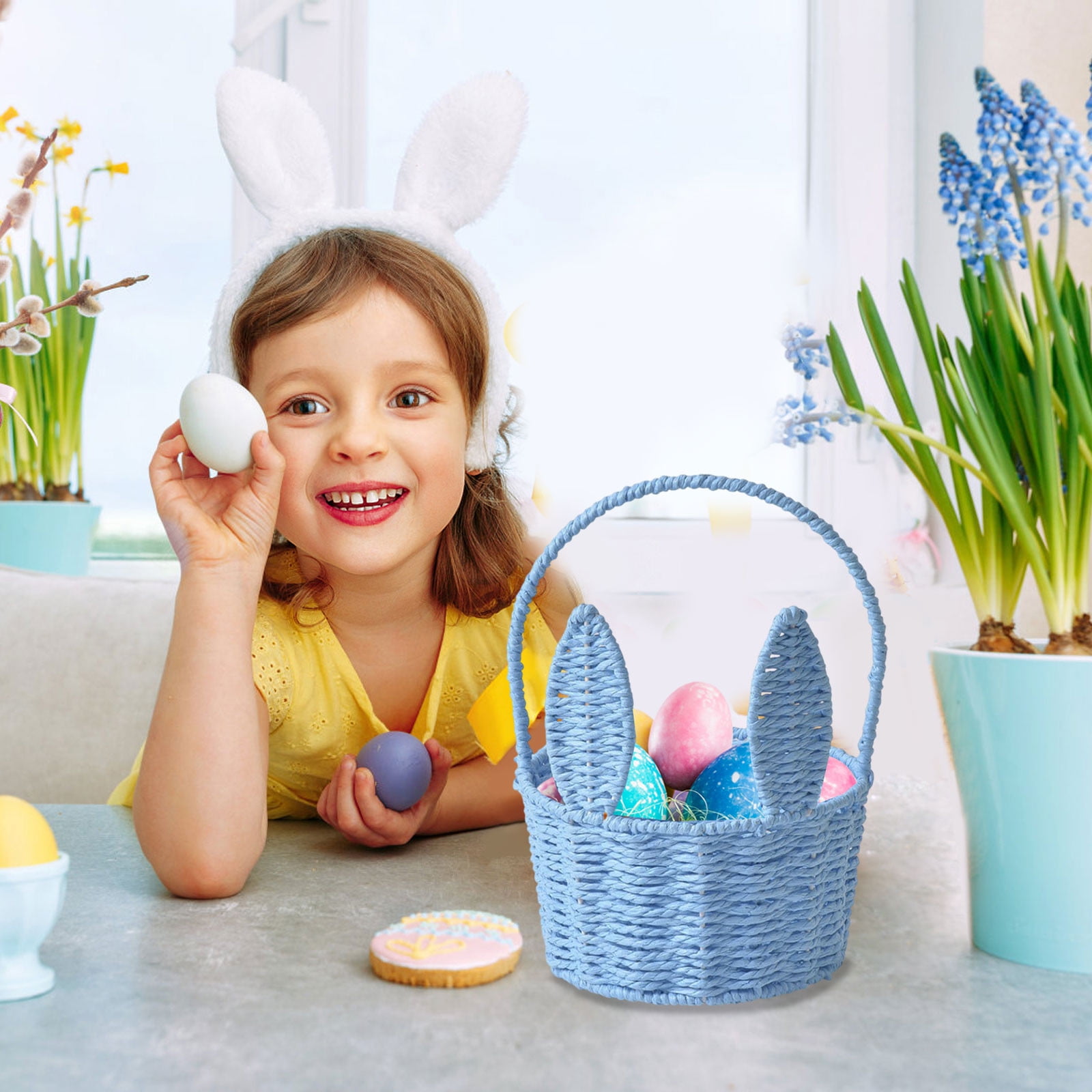 1 Packs Easter Bunny Basket with Long Ears Woven Storage Tote Bag for Easter Eggs Decorations Kids Gift Organizer Home Party Supplies Multicolor 26x20x16cm