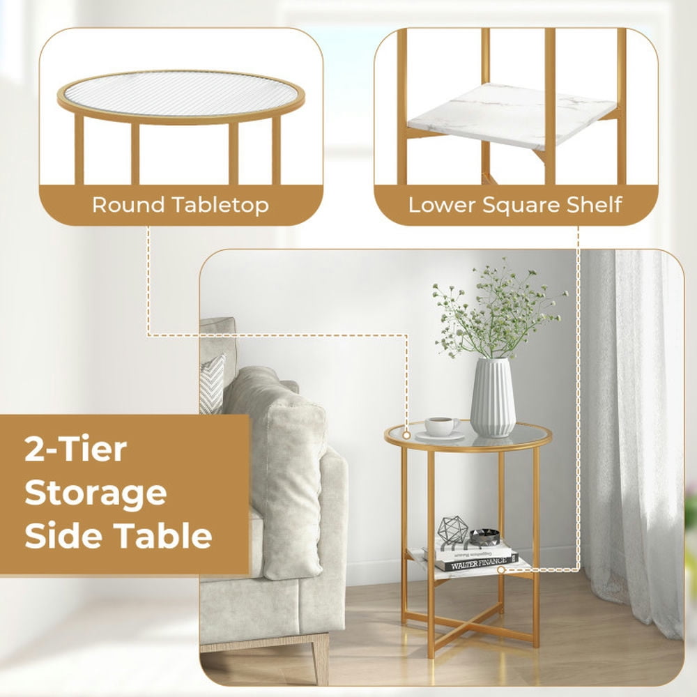 Finihen End Table, Tempered Glass End Table, 2-Tier Glass End Table Set of 2 with Faux Marble Storage Shelf, Sofa Side Table, Bed Side Table, for Living Room, Bedroom, White Finihen End Table, Tempered Glass End Table, 2-Tier Glass End Table Set of 2 with Faux Marble Storage Shelf, Sofa Side Table, Bed Side Table, for Living Room, Bedroom, White