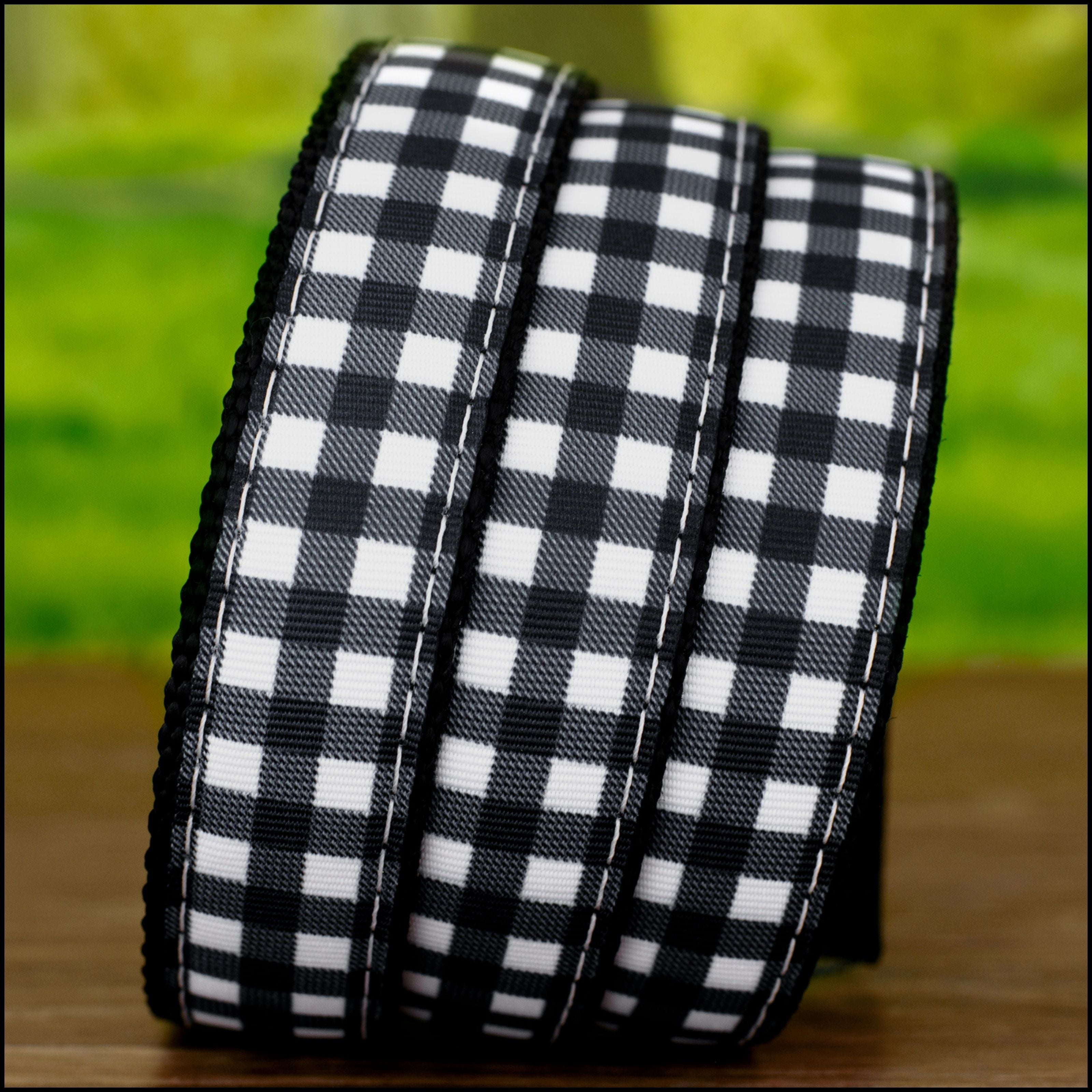 Country Brook Design - Black & White Buffalo Plaid Ribbon on Black Nylon Webbing (1 Inch, 10 Yards)