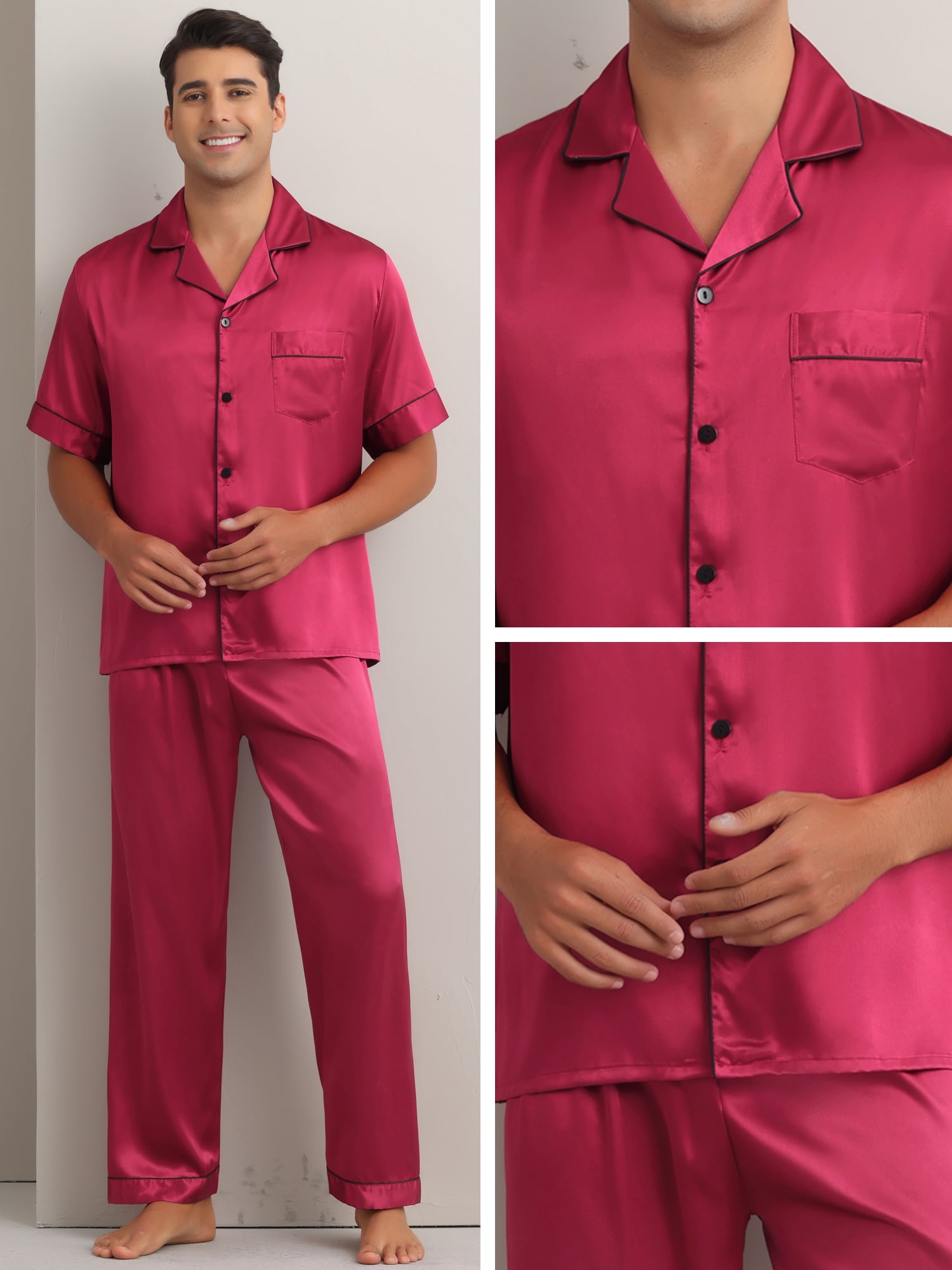 DARING DIVA Men's 2-Piece Pajama Set Button Down Short Sleeve Shirt Pants M Burgundy
