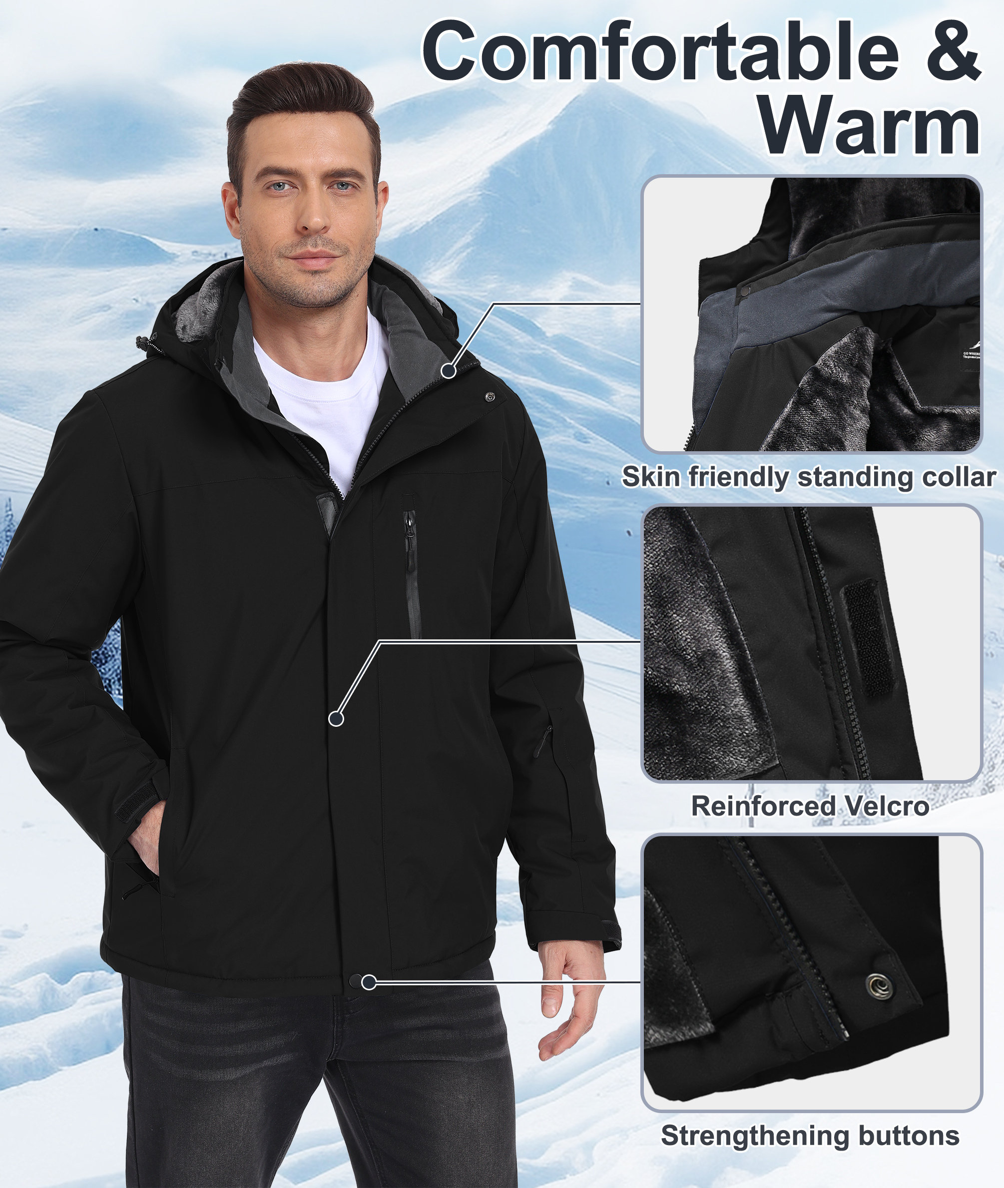 Lavenicole Men's Waterproof Ski Jacket Fleece Lined photo 5
