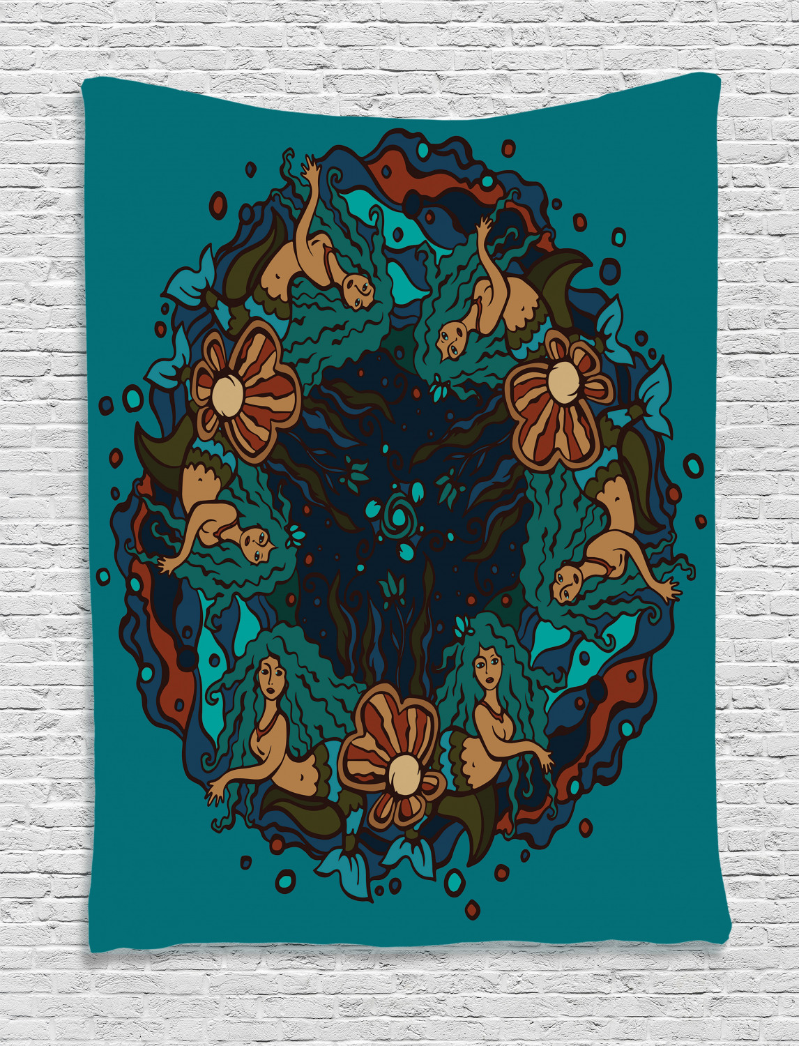 Mermaid Wall Hanging Tapestry, Marine Theme Circle of Mermaids