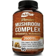 NutriFlair Mushroom Supplement 2600mg, 90 Capsules - 10 Mushrooms Blend - Reishi, Lions Mane, Cordyceps, Chaga, Turkey Tail, Maitake, Shiitake, Oyster Nootropic Complex - Brain, Energy, Focus Pills
