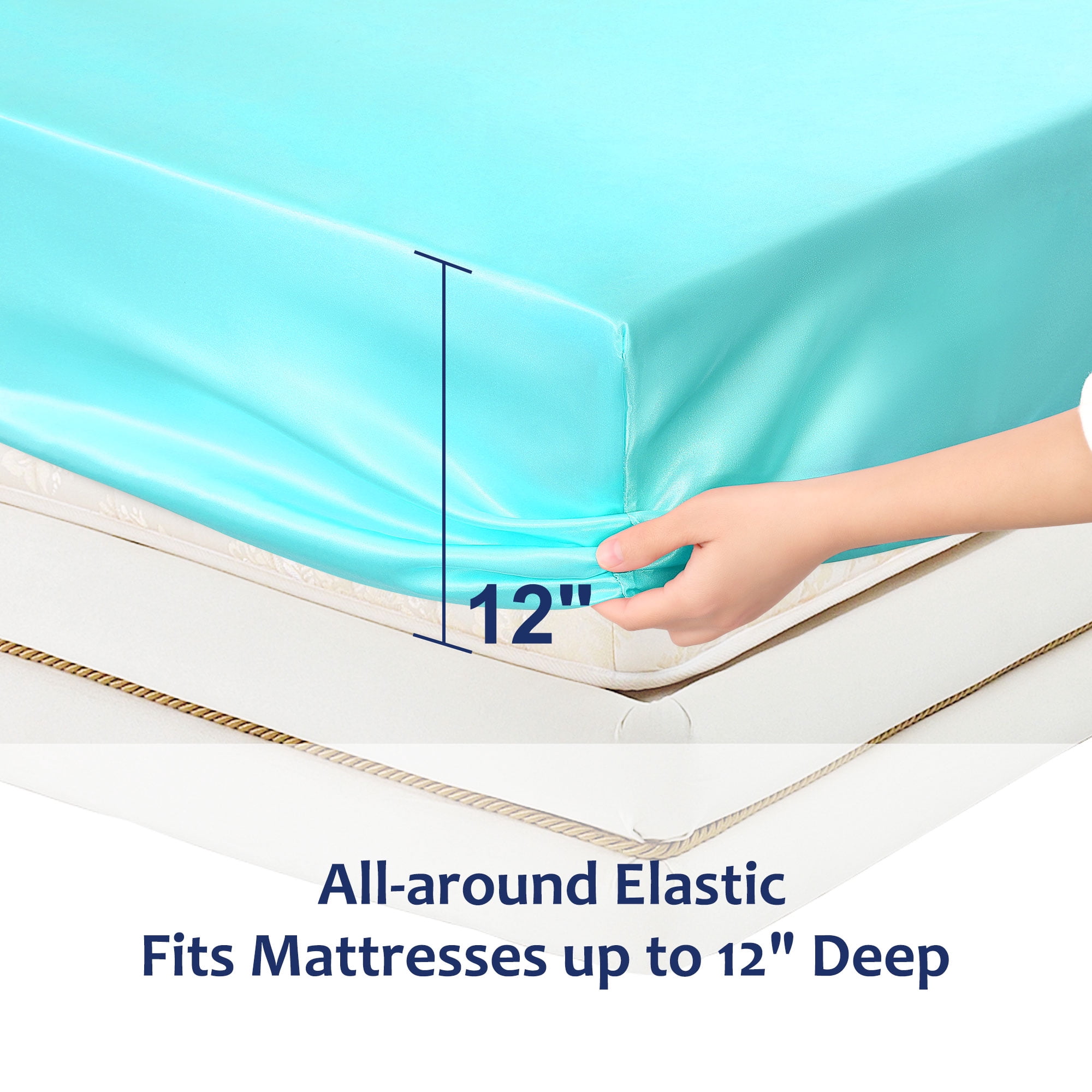 Unique Bargains 12" Large Pocket Satin Silk Fitted Sheet Queen Cyan