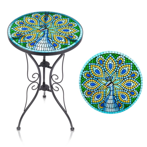 Wonder Garden 21.4"H Side Table Round Peacock Accent Plant Stand End Table Coffee Table for Patio, Garden, Porch