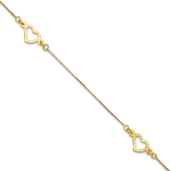 14k Gold Fancy Love Heart Plus 1in Ext. Anklet 10 Inch 1mm Wide Anklet for Women - 1.2 Grams
