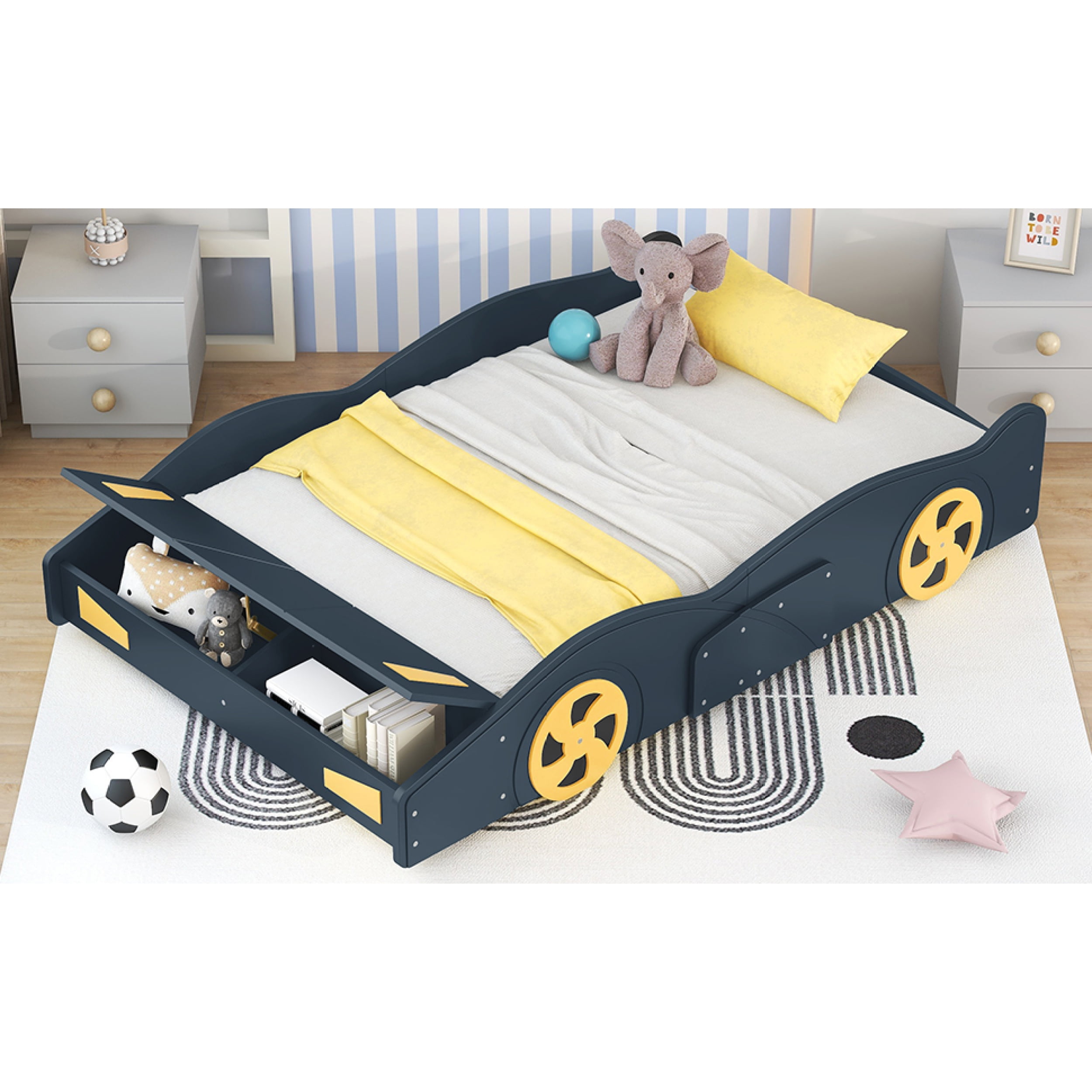 Full Size Race Car-Shaped Platform Bed with Wheels and Storage, Dark Blue&Yellow 60AAC