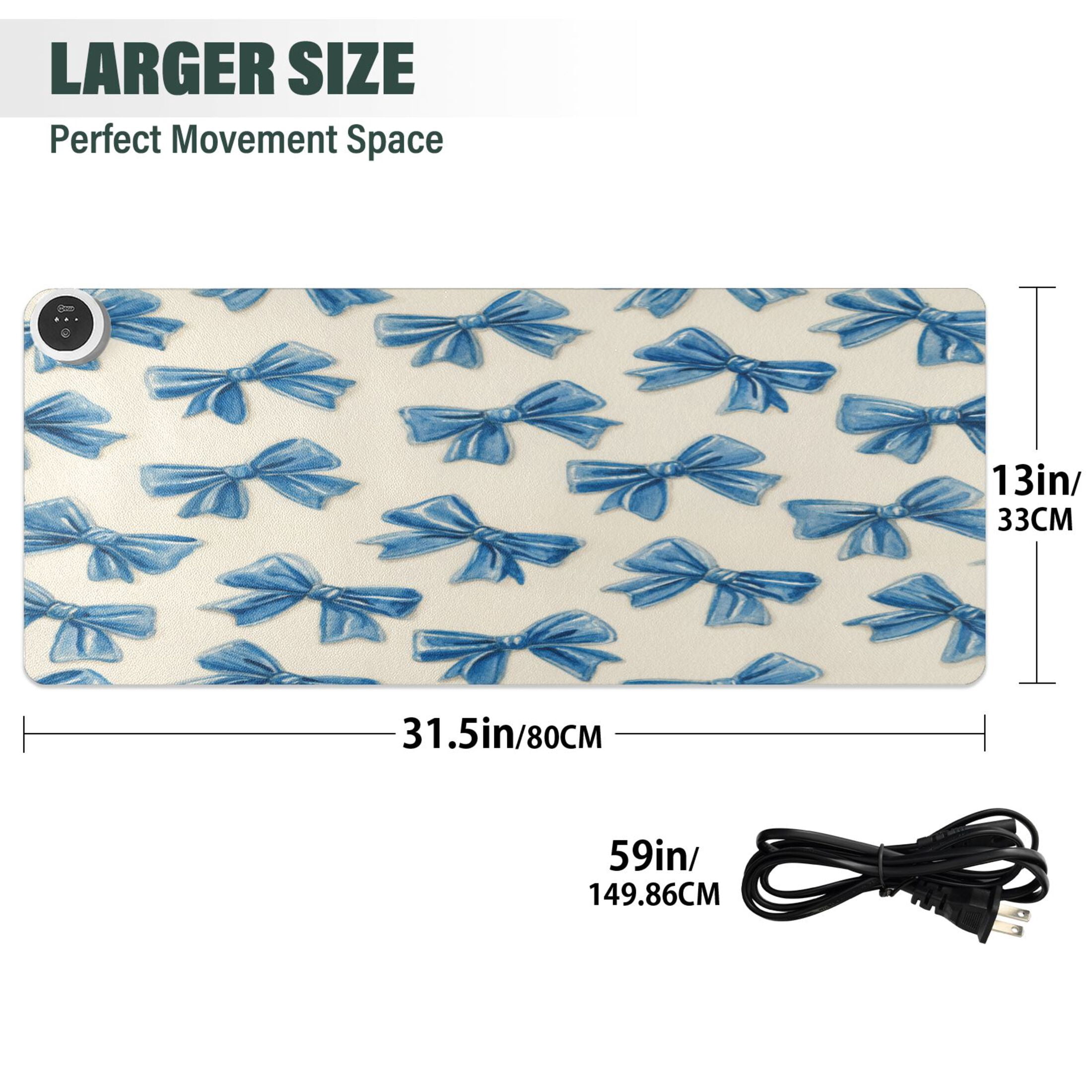 Large Heated Desk Mat Mouse Pad 31.5"x13"PU Leather Graphene Heating Desk Warmer with 3 Temperature Settings 110V US Plug Non-Slip Warm Pad for Home, Office, and Gaming Classic Blue Bow Pattern