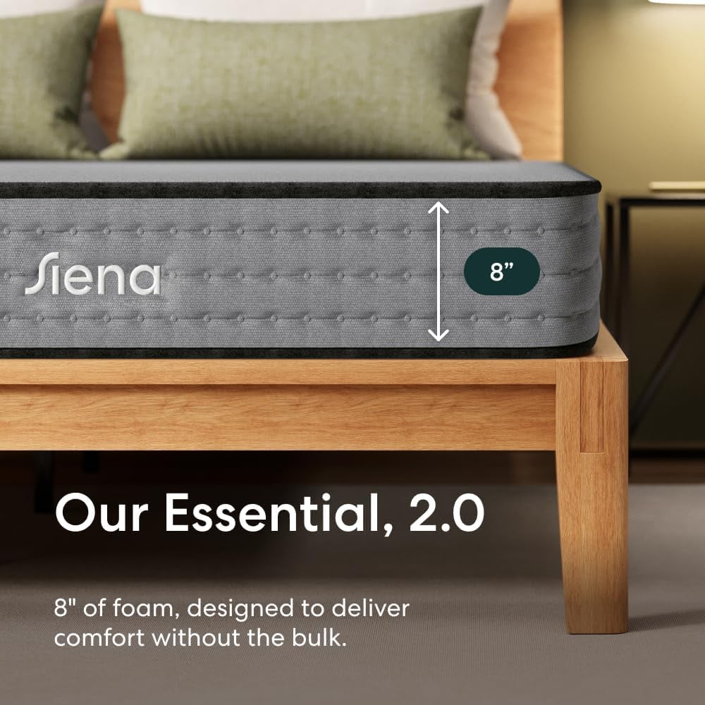 Siena 8” Essential Hybrid King Mattress – Medium Firm - Memory Foam & Innerspring System – 180-Night Trial – Pressure-Relief – Mattress in a Box