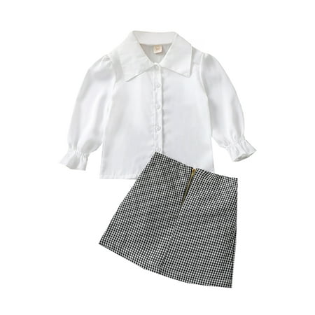 

IZhansean Toddler Baby Girl Clothes Long Sleeve Lapel Button Down T Shirt + Plaids Short Skirt 2Pcs Fall Outfits White 12-18 Months