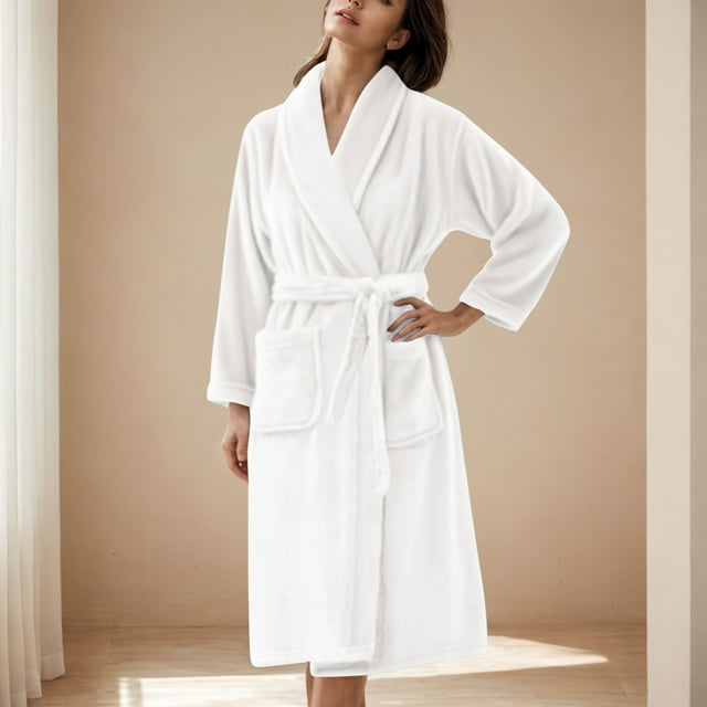 Soki Premium Womens Plush Soft Robe Fluffy, Warm, Fleece Sherpa Shaggy Bathrobe White L