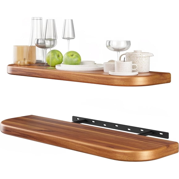 61cm Acacia Wood Floating Shelves Wall Mounted (Round Edge) – Rustic Farmhouse Wooden Wall Storage Shelf for Bedroom, Kitchen - Brackets and Shelving Hardware Included