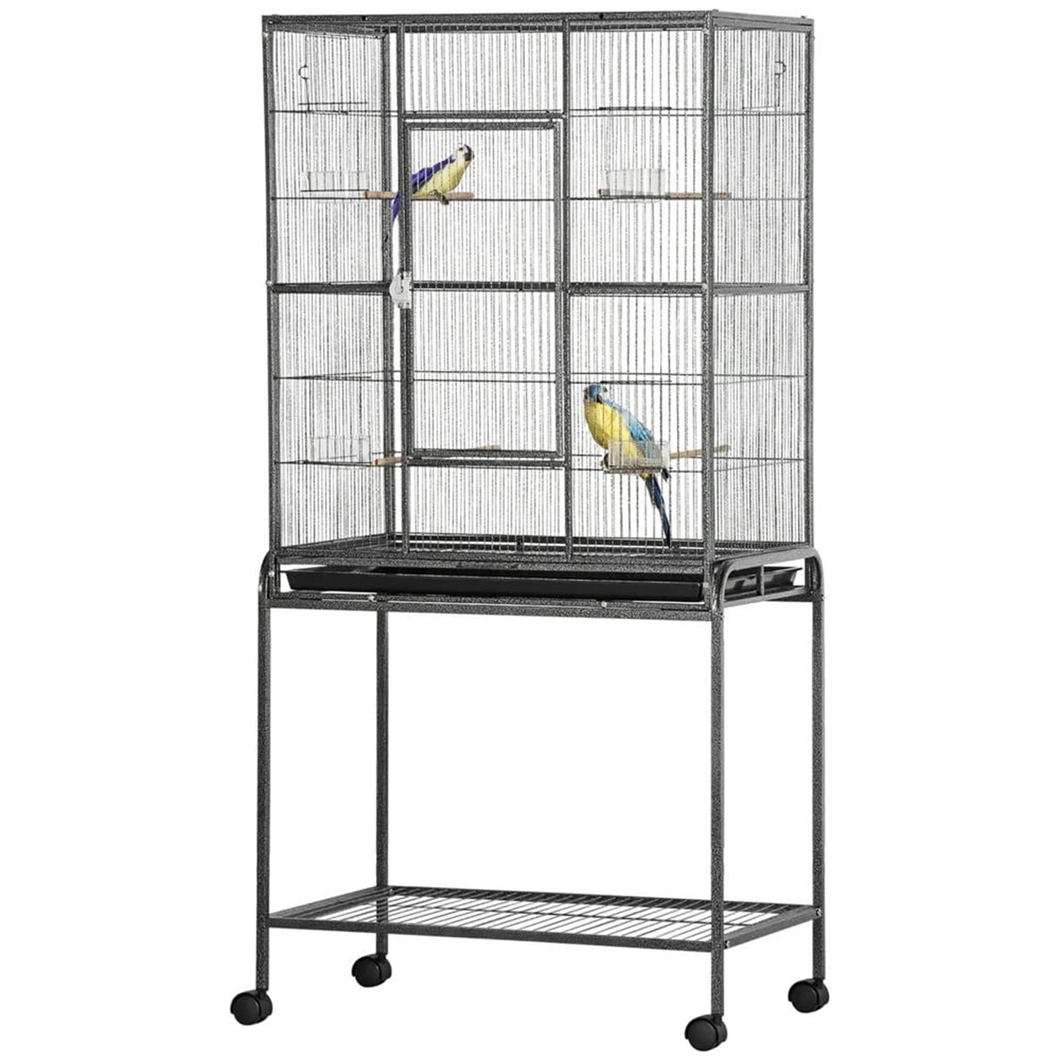 resenkos 64" Height Heavy Duty Travel Bird Cage Carrier with Rolling Stand, Wood Perch & Food Container for Parrots Conures Lovebird Cockatiel Parakeets, Black