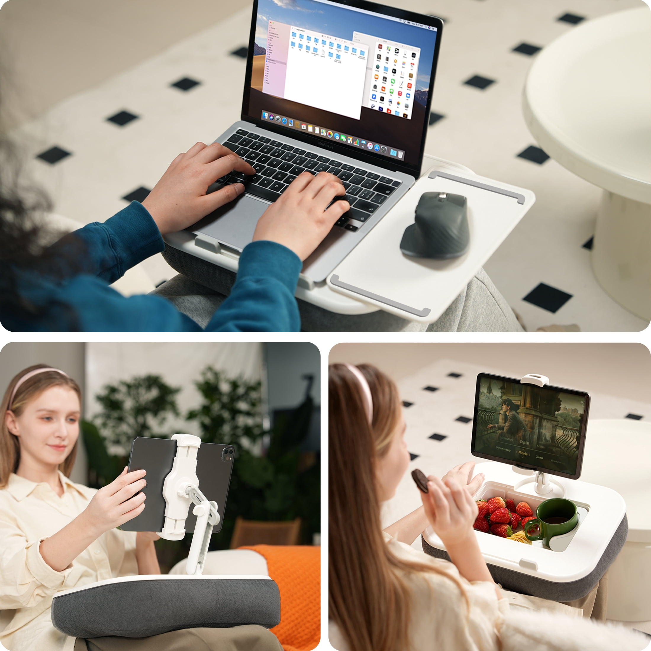 Viozon Pillow Stand with 360° Arm for Laptop, Tablet & Phone, with Mouse Pad, Cup & Snack Holder, Fits 4.7–13" Phone/Tablet and 10–15" Laptops