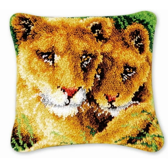 Animal Latch Hook Cushion Kit, Knitting Kits Cushion, Rug Making Kit for Starters, Latch Hook Kit for Beginners Adults or Children, Lioness and Cub Latch Hook Kit 17x17 inch