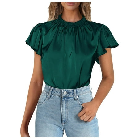 Fsqjgq Womens Summer Tops Corset Top Clearance T-Shirt Blouse Womens Summer Satin Casual Ruffle Short Sleeve Crewneck Tops Basic Tee Shirts Trendy Clothes Comfy Tunic Blouse Short Sleeve Tops S