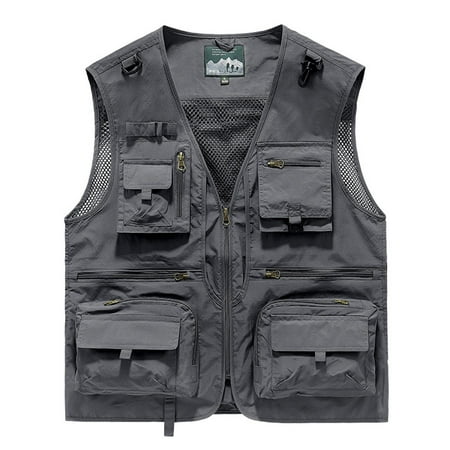 Wioihee Mens Mesh Outdoor Work Safari Fishing Travel Photo Cargo Vest Multi Pockets Breathable Waistcoat Jacket Gray 8(XL)