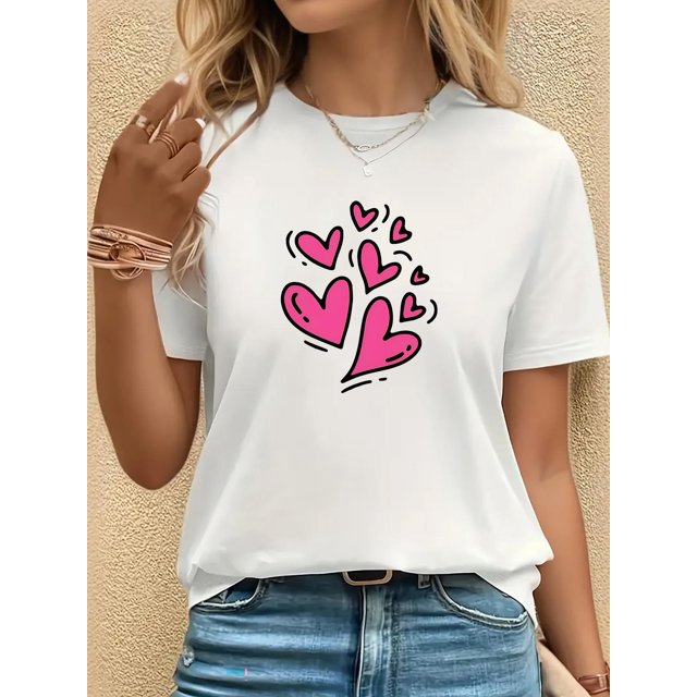 1pc Women'S Casual Crew Neck T-Shirt with Valentine'S Day Heart Print, Fashionable Comfortable Breathable Short Sleeve 100% Cotton Top with Slight Stretch for All Seasons Tee For Adult, Men, Women, T