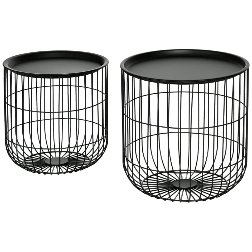 Nesting Side Table Set of 2, Bird-Cage Style Steel End Tables with Hidden Storage Space, Powder-Coated Frame, Space-Saving Accent Storage Tables, Black
