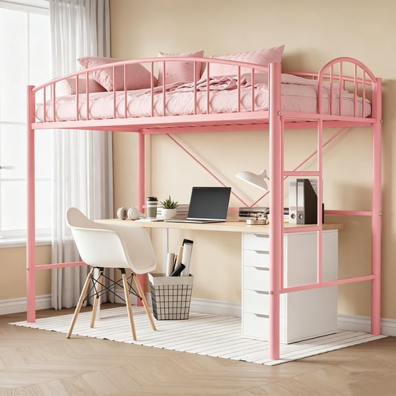 Arched Loft Bed Twin Size with Guardrail & Ladder – Heavy Duty Metal Frame, Space Saving Low Loft Bed with Play Area, No Box Spring Needed