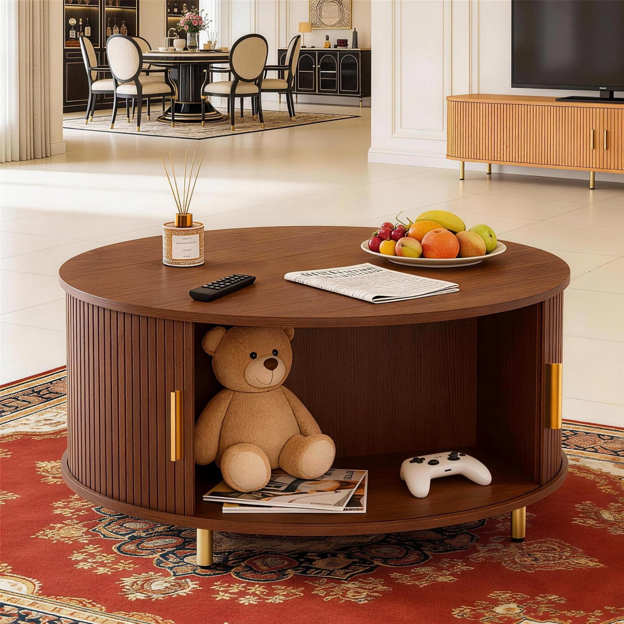 31.5" Round Coffee Table, Mid Century Modern Fluted Coffee Table with 360° Sliding Tambour Door & Storage, Walnut