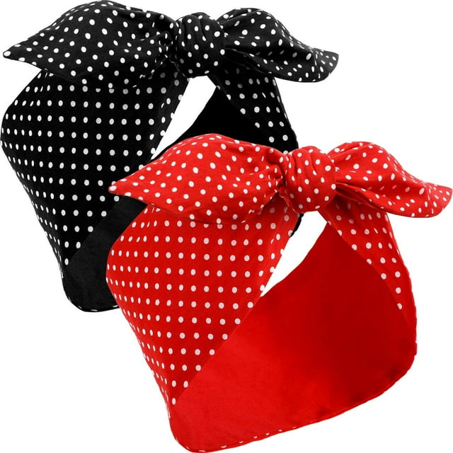 2 bufandas rojas para mujer, pañuelo retro de los años 40, diadema estilo bandana boho con lazo negro, diadema vintage con orejas de conejo, accesorios para el cabello para niñas (patrón de puntos)