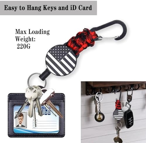 2 Pcs Retractable Keychain, Heavy Duty Badge Holder Reel – Braided Paracord Lanyard with USA Flag, Retractable ID Badge Clip Reel & Parachute Rope Necklace Keychains for Work or Traveling